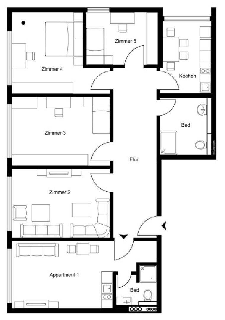 Grundrissplan zeigt die Aufteilung der Zimmer und Bäder der Wohnung.