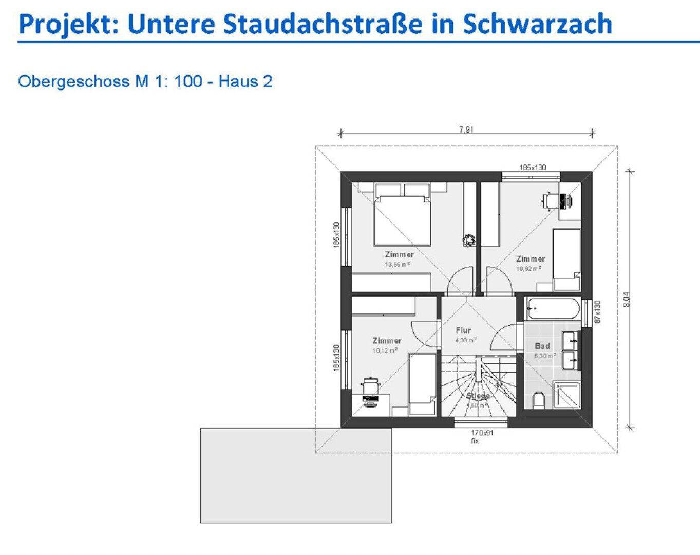 Grundriss des Obergeschosses von Haus 2 mit drei Schlafzimmern und einem Badezimmer.