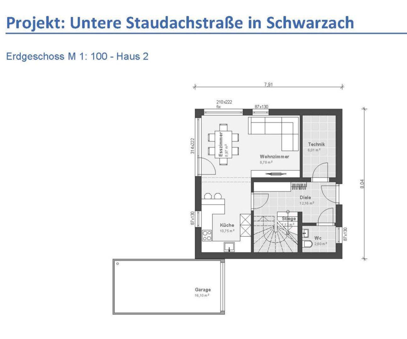 Grundriss des Erdgeschosses von Haus 2 mit Küche, Wohnzimmer und separatem WC.