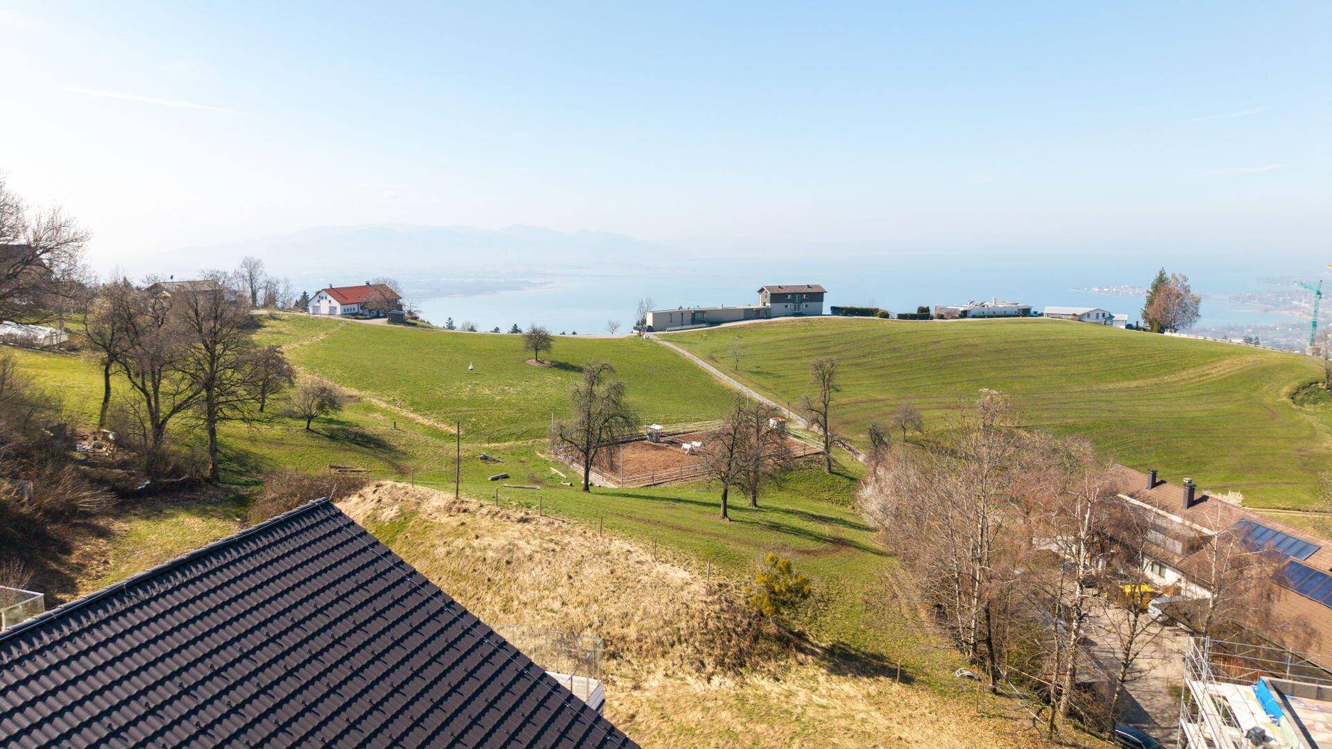 Weitläufige grüne Hügellandschaft mit einzelnen Häusern und einem See am Horizont.