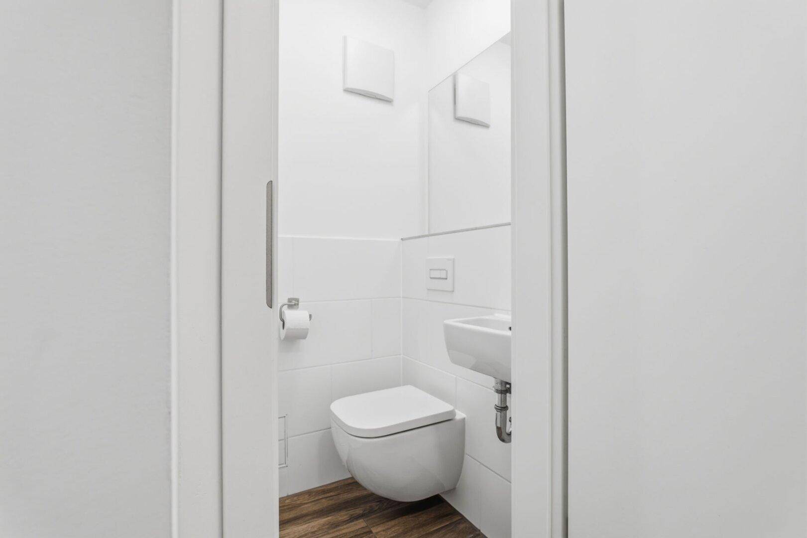 Modernes Gäste-WC mit wandhängender Toilette, kleinem Waschbecken und Spiegel.