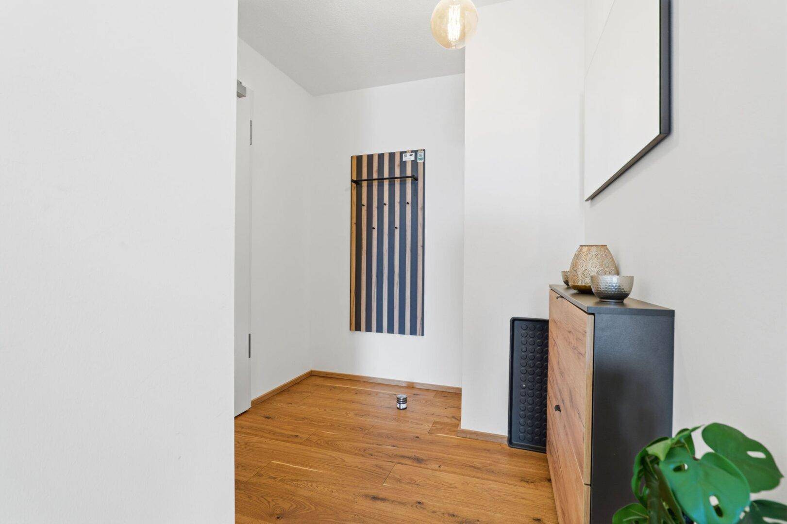 Heller Eingangsbereich mit Holzboden, Schuhschrank und moderner Wanddekoration.