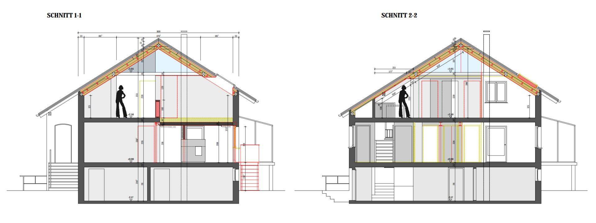 Architektonische Schnittzeichnungen des Gebäudes, die die interne Struktur und Dachneigung zeigen.