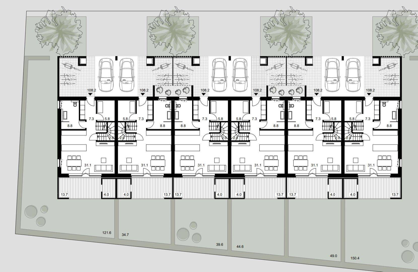 Übersichtsgrundriss des Erdgeschosses der Reihenhäuser mit Parkplätzen und Gärten.