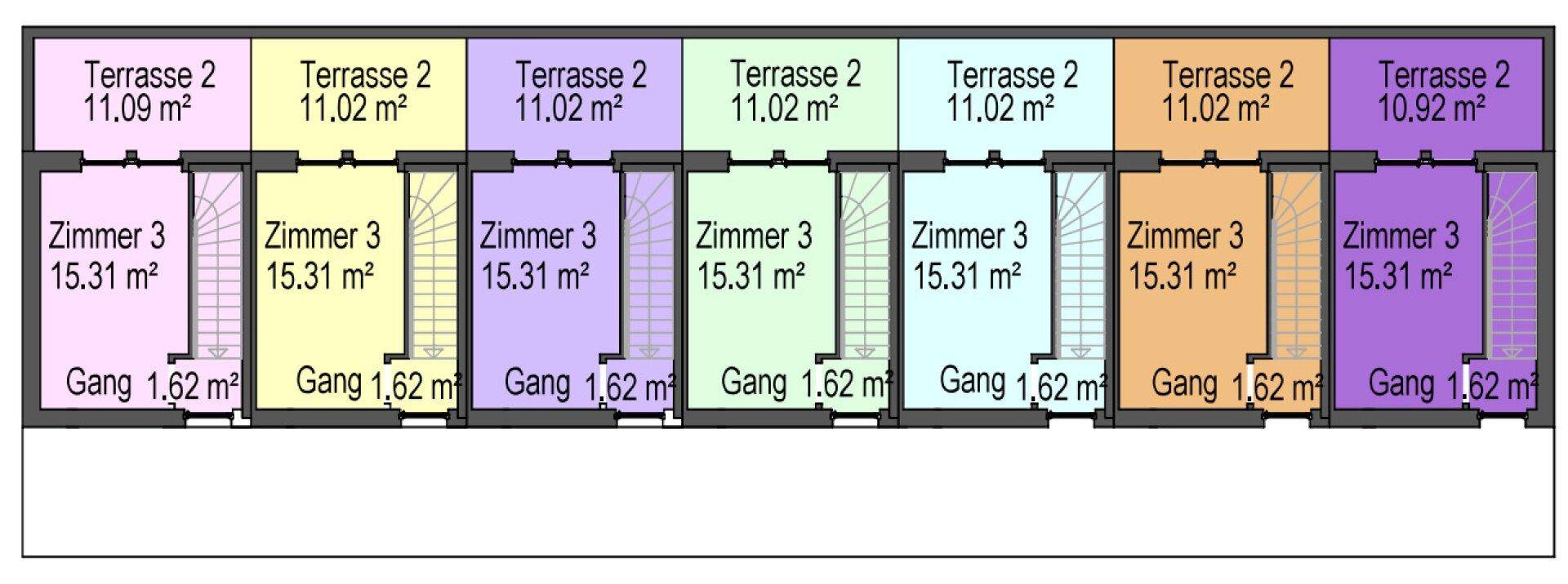 Grundrissplan mit weiteren Zimmern und Terrassenbereichen auf einer oberen Etage, gekennzeichnet als DG.
