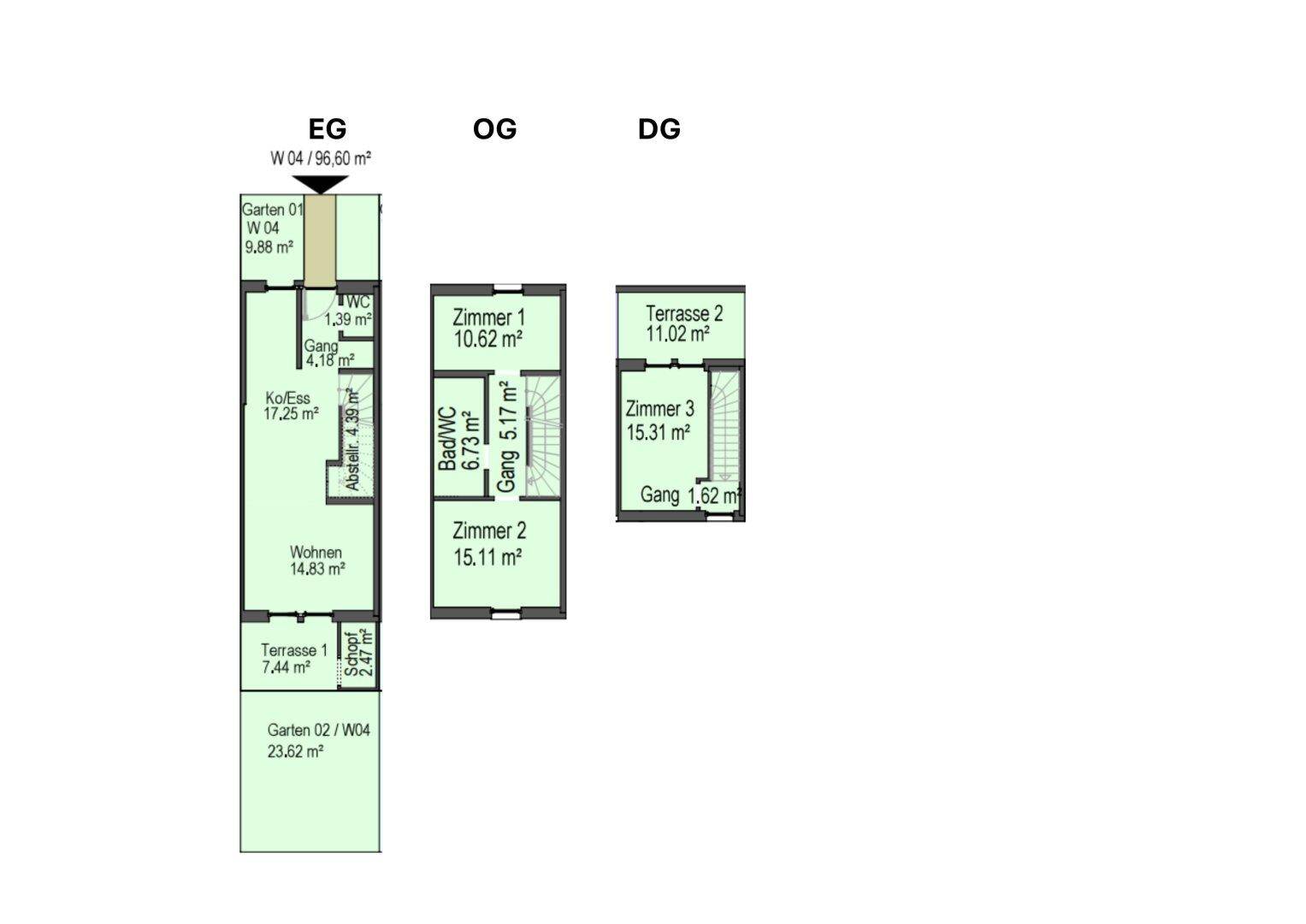 Kombinierter Grundriss einer Maisonette-Wohnung über drei Etagen mit Garten und Terrassenbereichen.