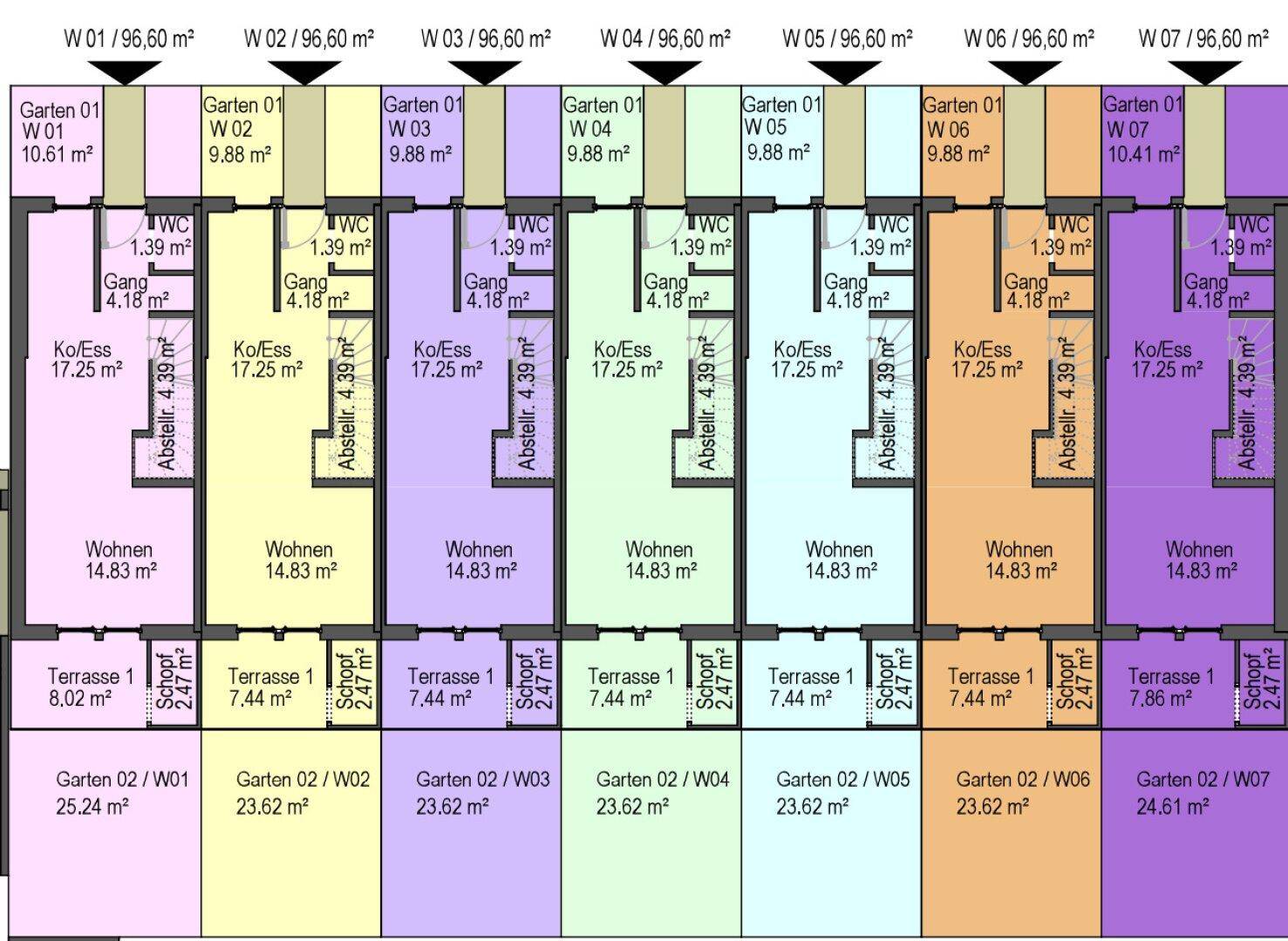 Detaillierter Grundriss der Erdgeschosswohnungen mit Wohn-, Essbereichen, Bädern, Terrassen und Gärten.