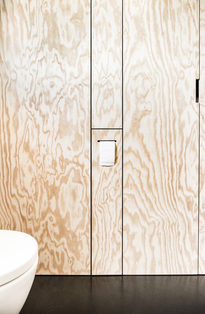 Wandhängende Toilette mit Holzverkleidung und integriertem Toilettenpapierhalter.