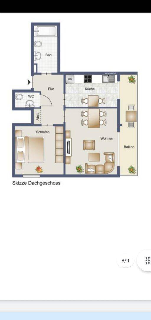 Grundriss Skizze des Dachgeschosses mit Wohn-, Schlafzimmer, Küche und Bad.