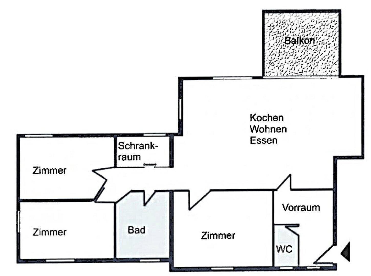 Grundrissplan zeigt eine Wohnung mit offenem Wohnbereich, drei Zimmern, Bad und separatem WC.