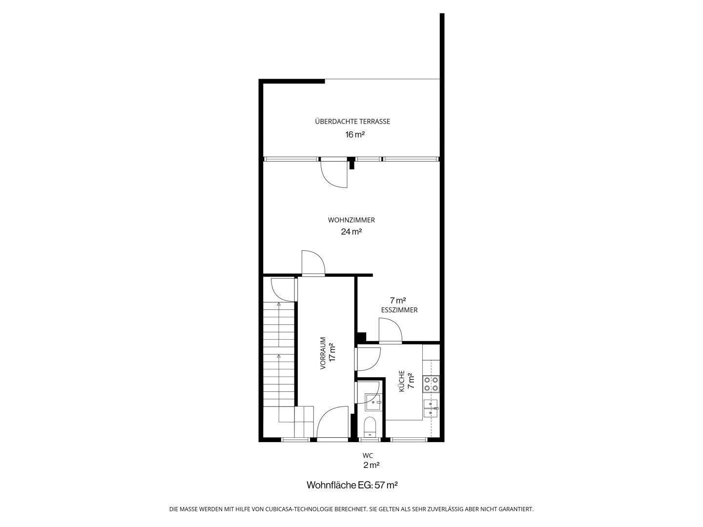 Grundriss des Erdgeschosses mit offener Küche, Essbereich, Wohnzimmer und überdachter Terrasse.