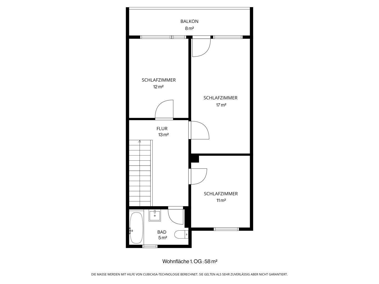 Grundriss des Obergeschosses mit drei Schlafzimmern, einem Badezimmer und einem Balkon.