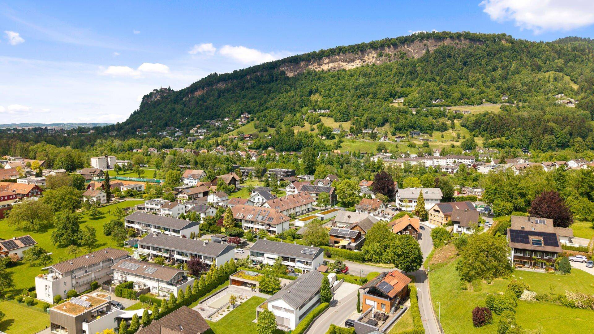 Panoramablick auf eine malerische Wohngegend am Fuße eines bewaldeten Berges mit vielen Grünflächen.
