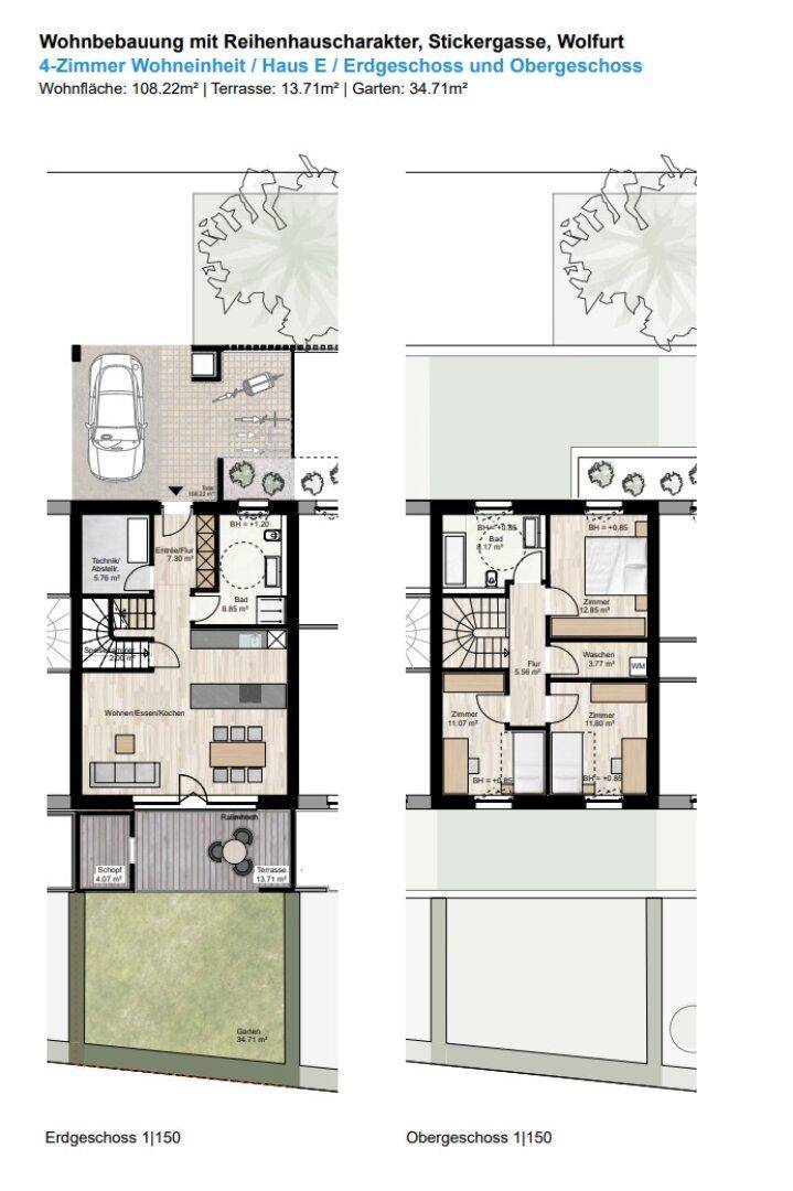 Grundriss einer 4-Zimmer-Wohnung mit offenem Wohnbereich, Terrasse und Garten im Erdgeschoss sowie Schlafzimmern im Obergeschoss.