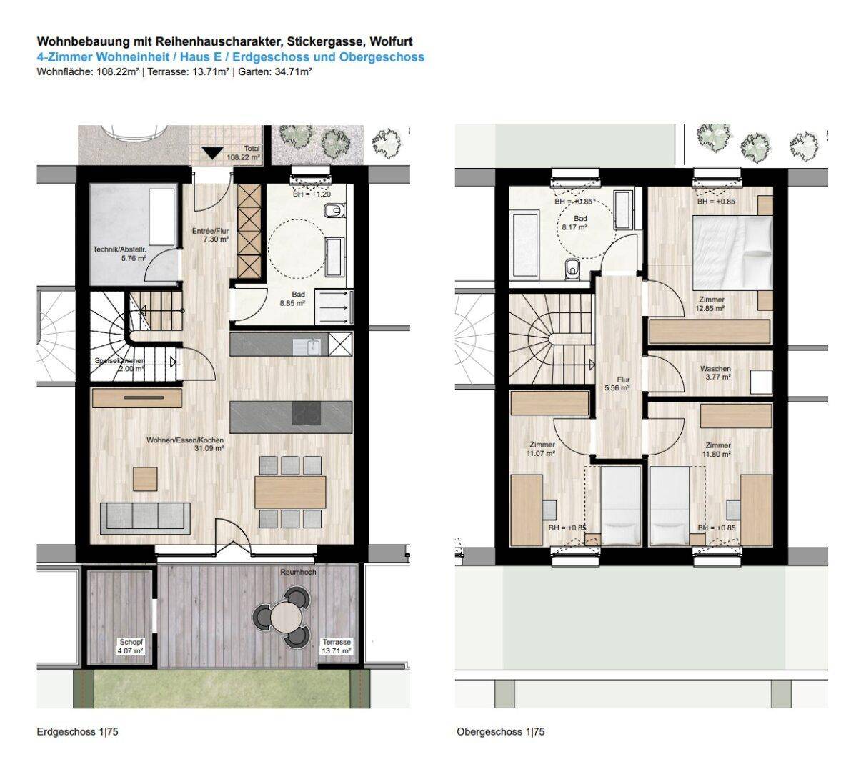 Detaillierter Grundriss einer 4-Zimmer-Wohnung mit offenem Wohn-Ess-Kochbereich, Terrasse und Garten.