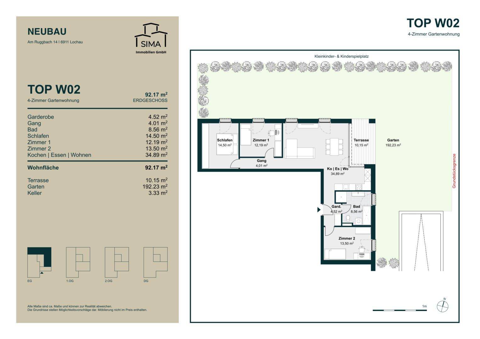 Grundriss einer 4-Zimmer Gartenwohnung im Erdgeschoss mit Terrasse und großem Garten.