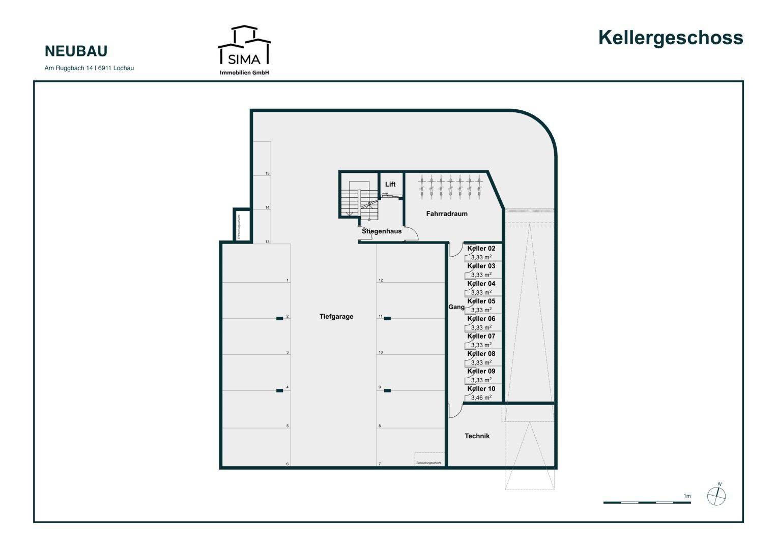 Grundriss des Kellergeschosses mit Tiefgarage, Fahrradraum und mehreren Kellerabteilen.