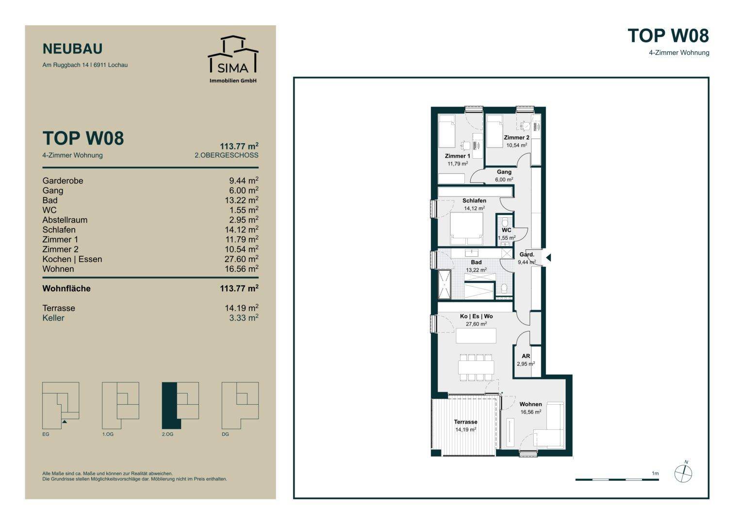 Grundriss einer 4-Zimmer-Wohnung im Obergeschoss mit offener Wohnküche, Terrasse und separatem WC.