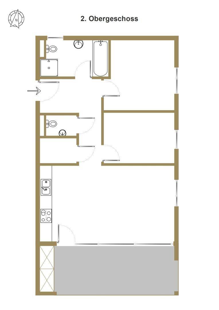 Grundriss des 2. Obergeschosses mit Bad, separatem WC, Küche und Balkon.