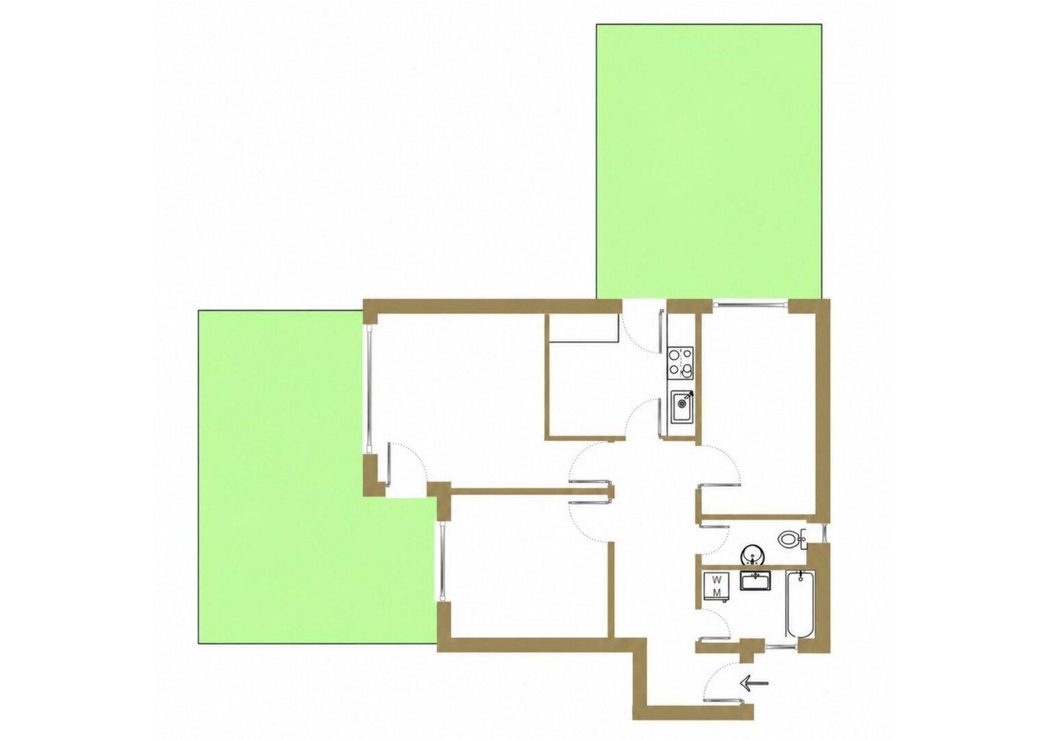 Grundriss einer Wohnung mit funktionaler Aufteilung, Badezimmer, Küche und zwei Außenbereichen.