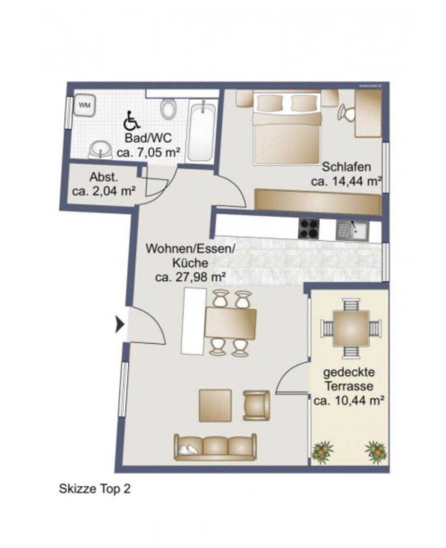 Grundriss zeigt eine Wohnung mit offenem Wohnbereich, Schlafzimmer und überdachter Terrasse.
