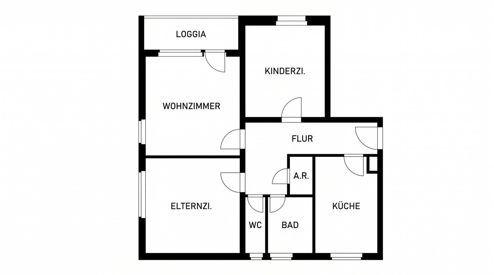 Grundriss einer Wohnung mit Wohnzimmer, zwei Schlafzimmern, Küche, Bad, separatem WC und Loggia.