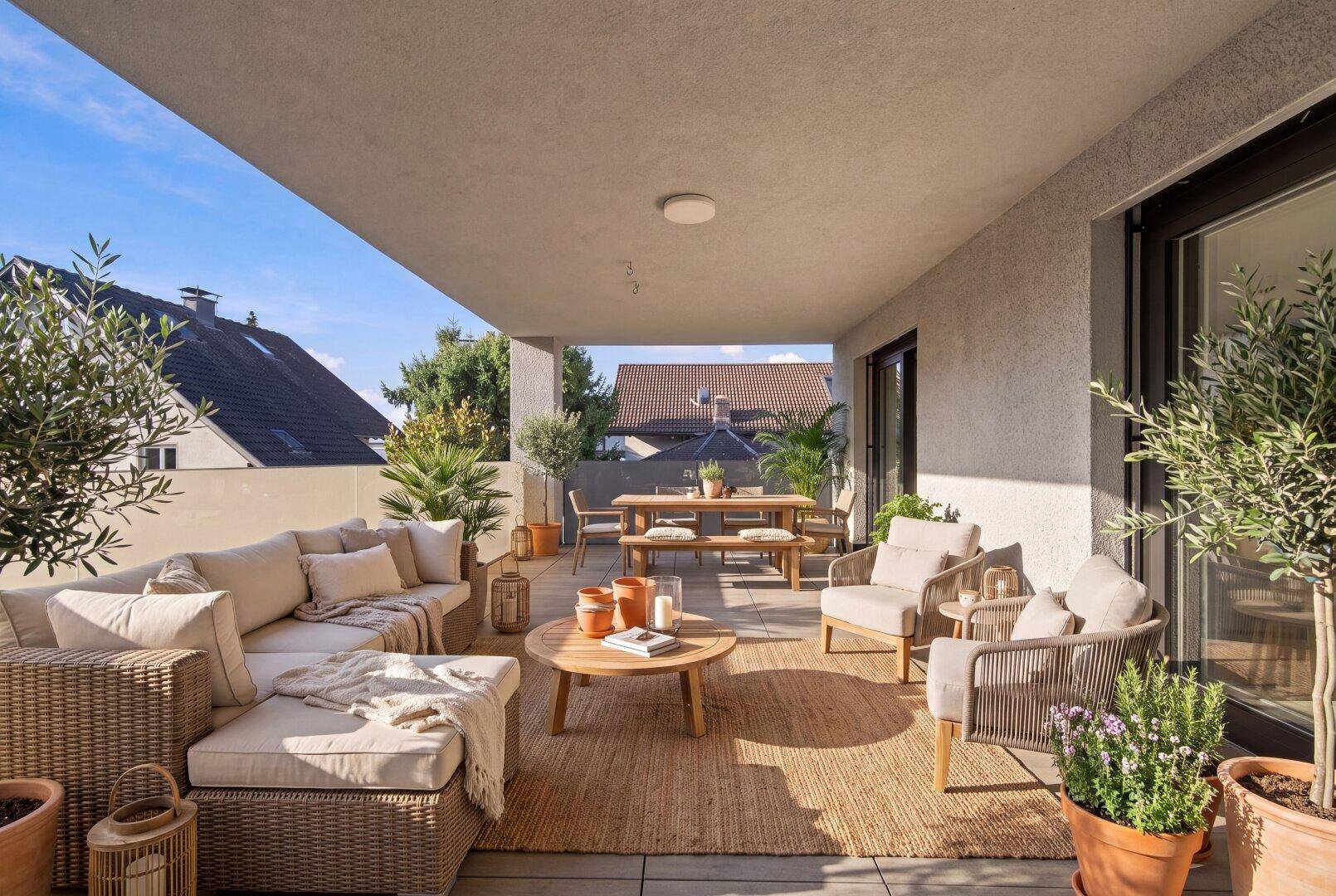 Große, möblierte Terrasse mit bequemen Sitzgelegenheiten und Blick auf die Umgebung.