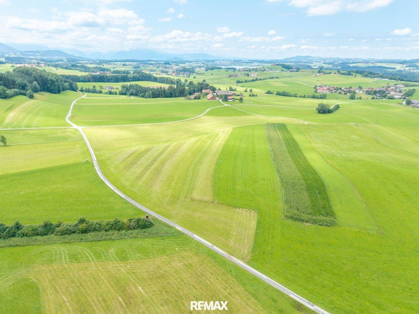 Weitläufige grüne Landschaft mit Feldern, Wegen und kleinen Dörfern, umgeben von sanften Hügeln und Bergen.
