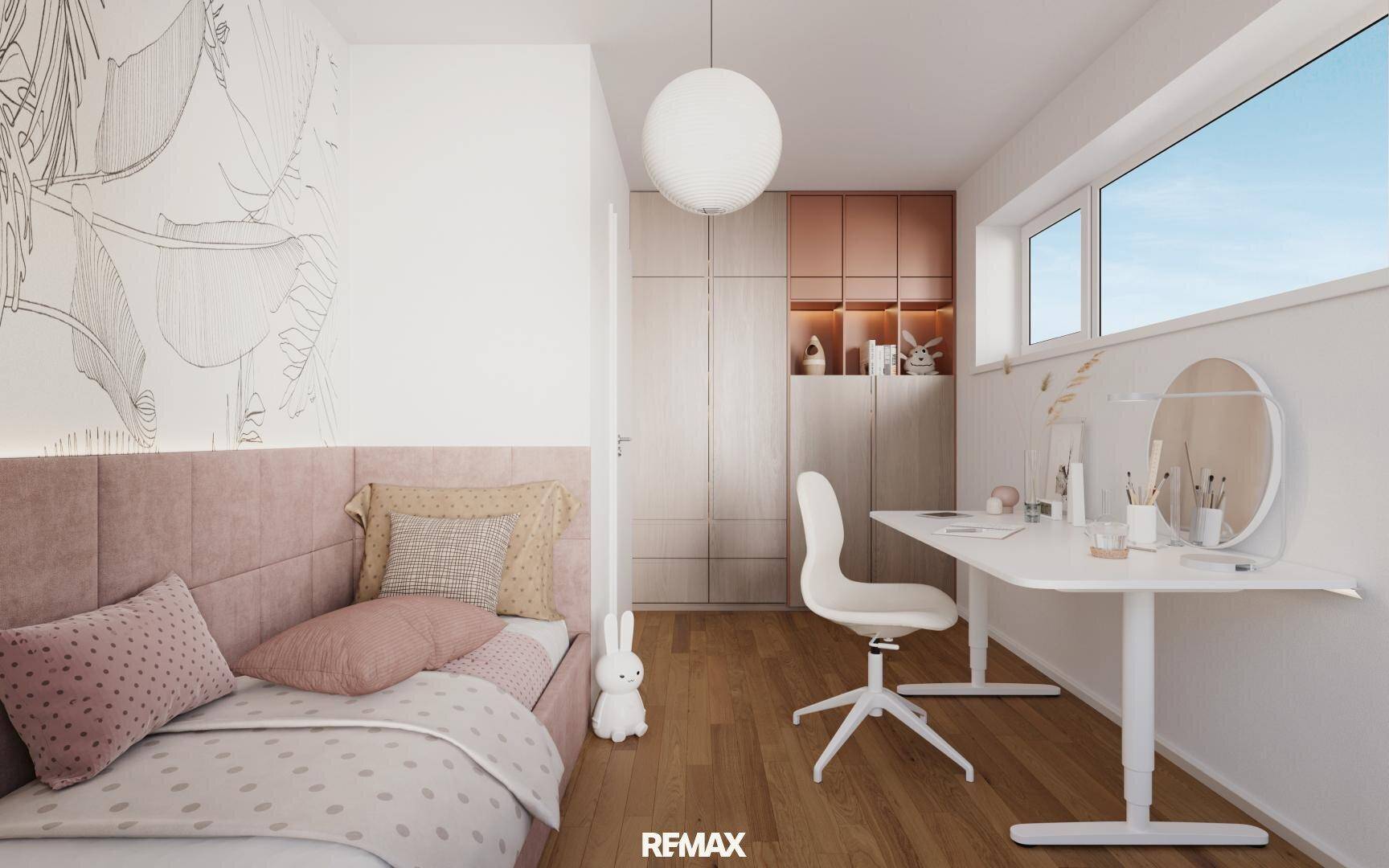 Helles Kinderzimmer mit Holzboden, Schreibtisch und verspielter Wanddekoration in Rosatönen.