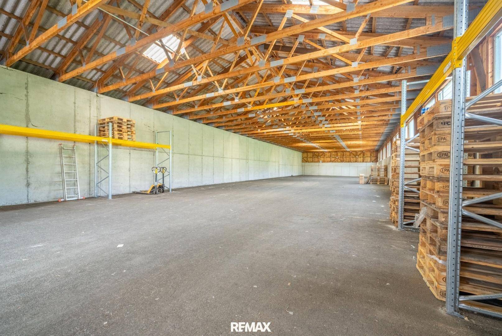 Weitläufige Lagerhalle mit sichtbaren Holzsparren, Betonwänden und Palettenregalen, gut beleuchtet.
