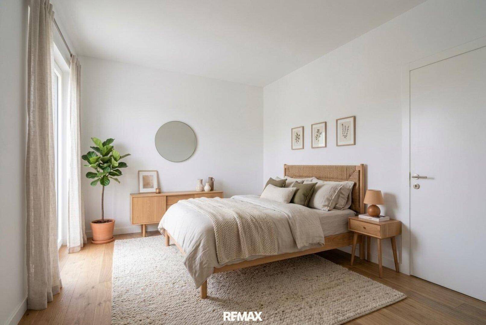 Helles Schlafzimmer mit Holzboden, beigem Teppich und minimalistischer Einrichtung.