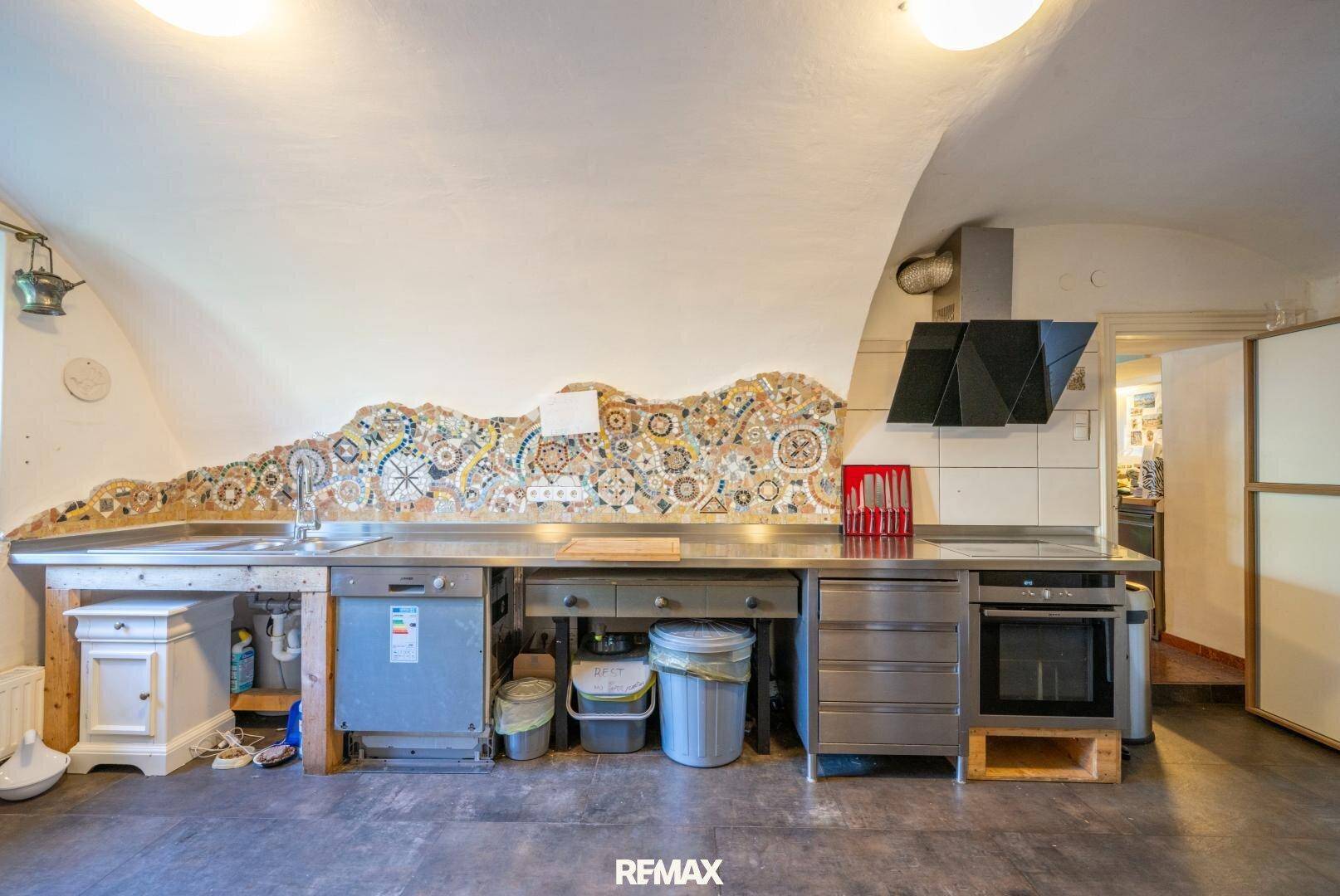 Funktionale Küche mit Edelstahl-Arbeitsflächen, integriertem Geschirrspüler und Mosaik-Rückwand.