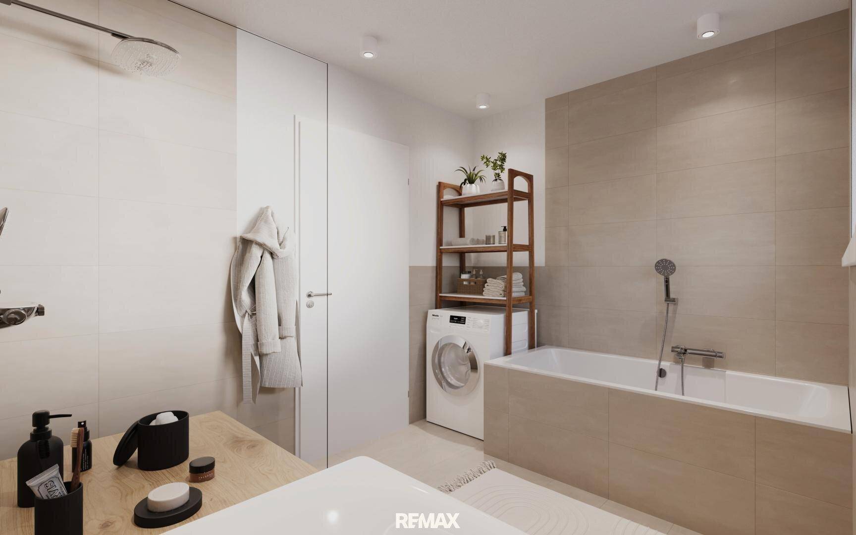Modernes Badezimmer mit Badewanne, Dusche, Waschmaschine und beigefarbenen Fliesen.