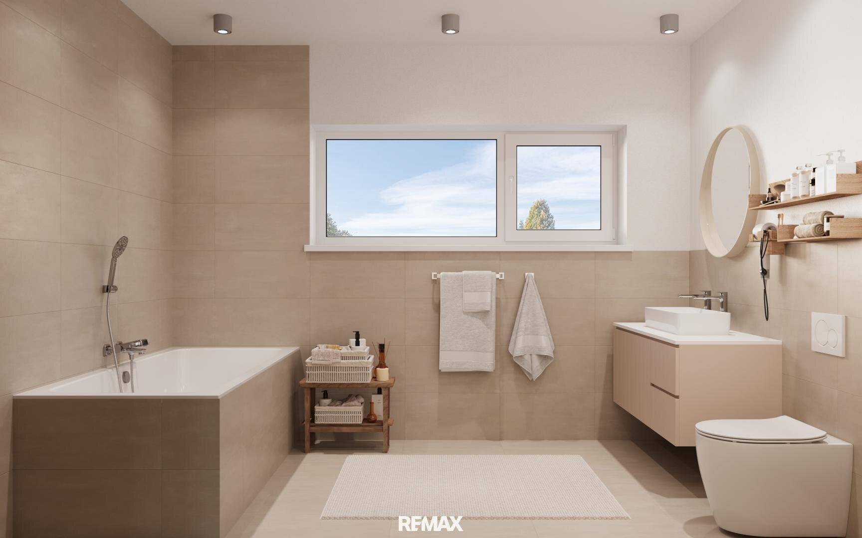 Modernes Badezimmer mit beigefarbenen Fliesen, Badewanne und Fenster für Tageslicht.