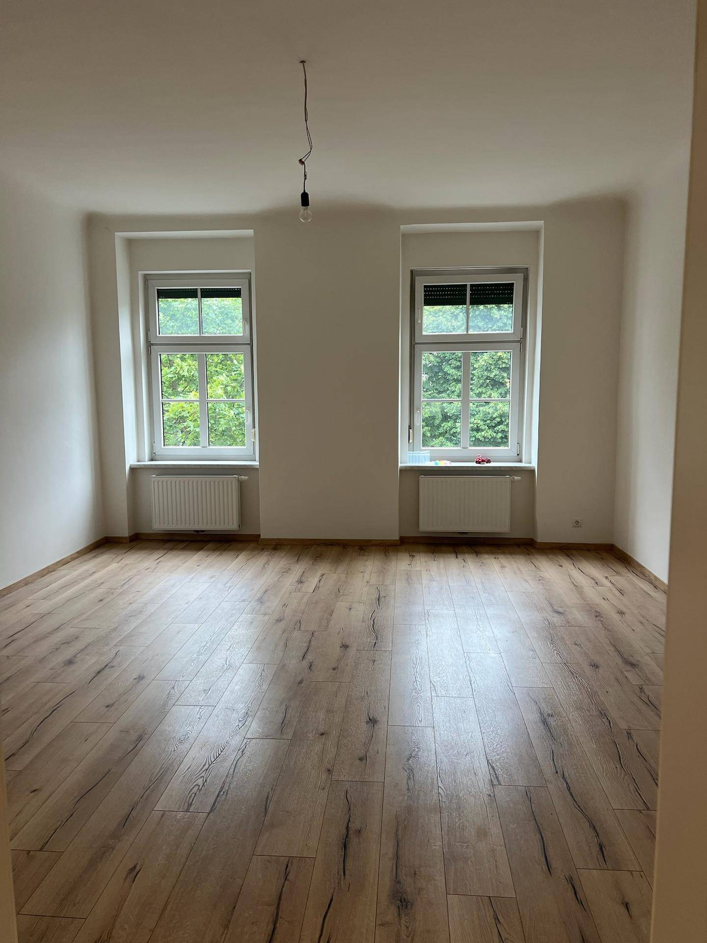 Leerer Raum mit zwei Fenstern, Heizkörpern und hellem Laminatboden.