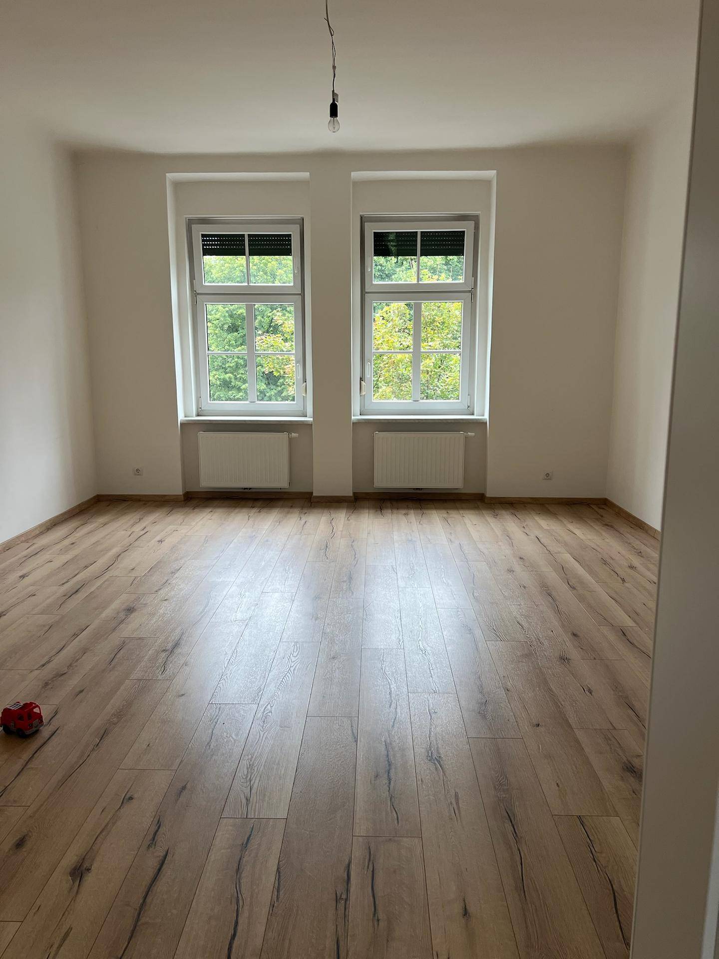 Leerer Raum mit zwei Fenstern, Heizkörpern und hellem Laminatboden.