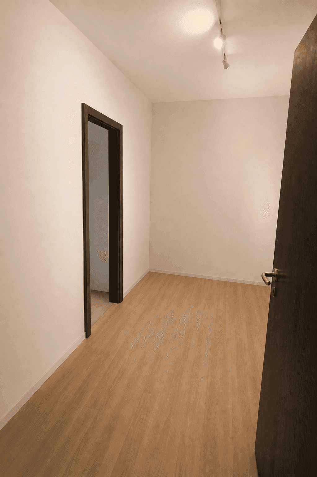 Schmaler Flur mit Laminatboden und dunklen Türrahmen, ausgestattet mit Deckenstrahlern.