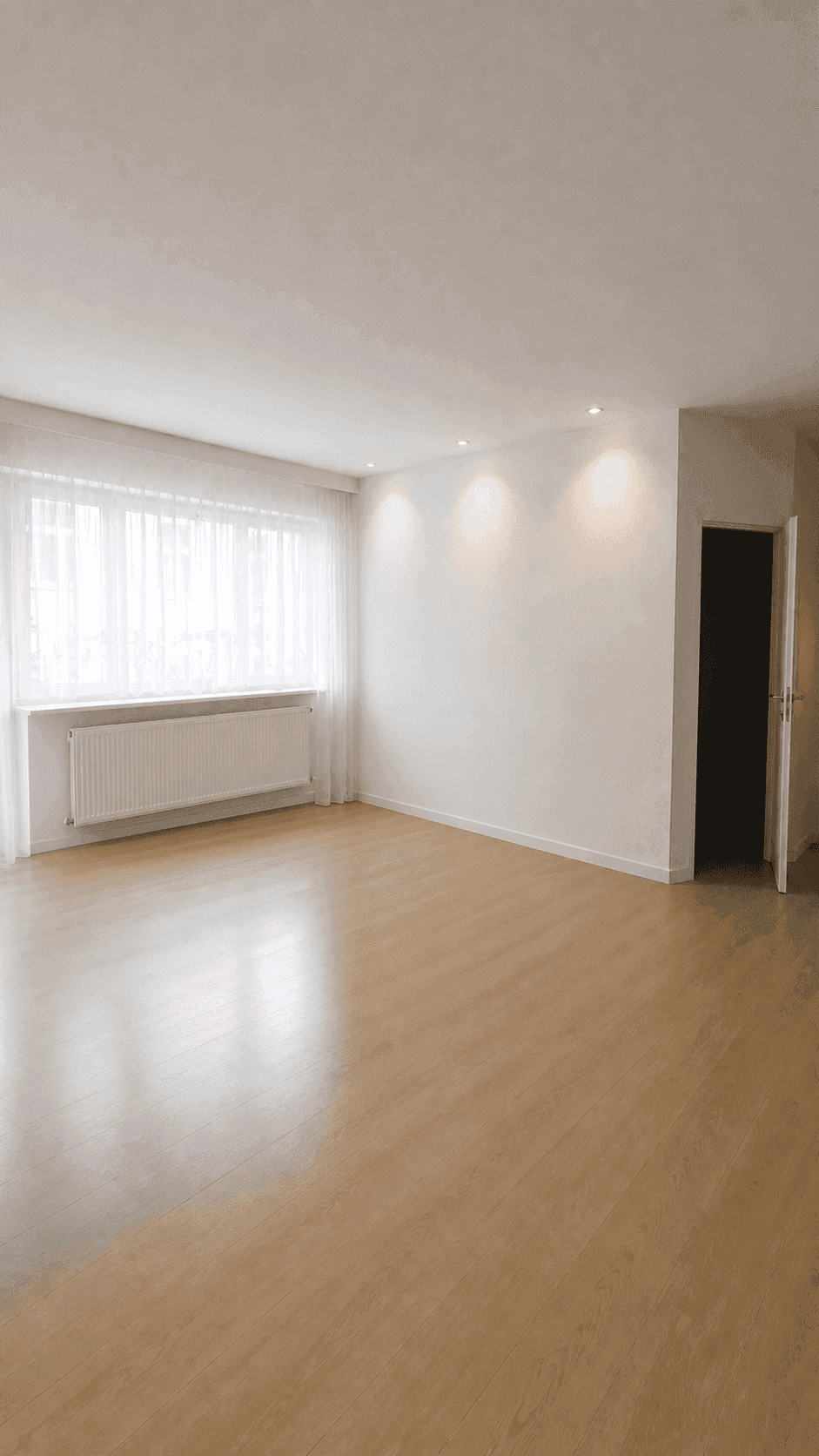 Heller, leerer Raum mit großen Fenstern, Laminatboden und moderner Beleuchtung an der Decke.
