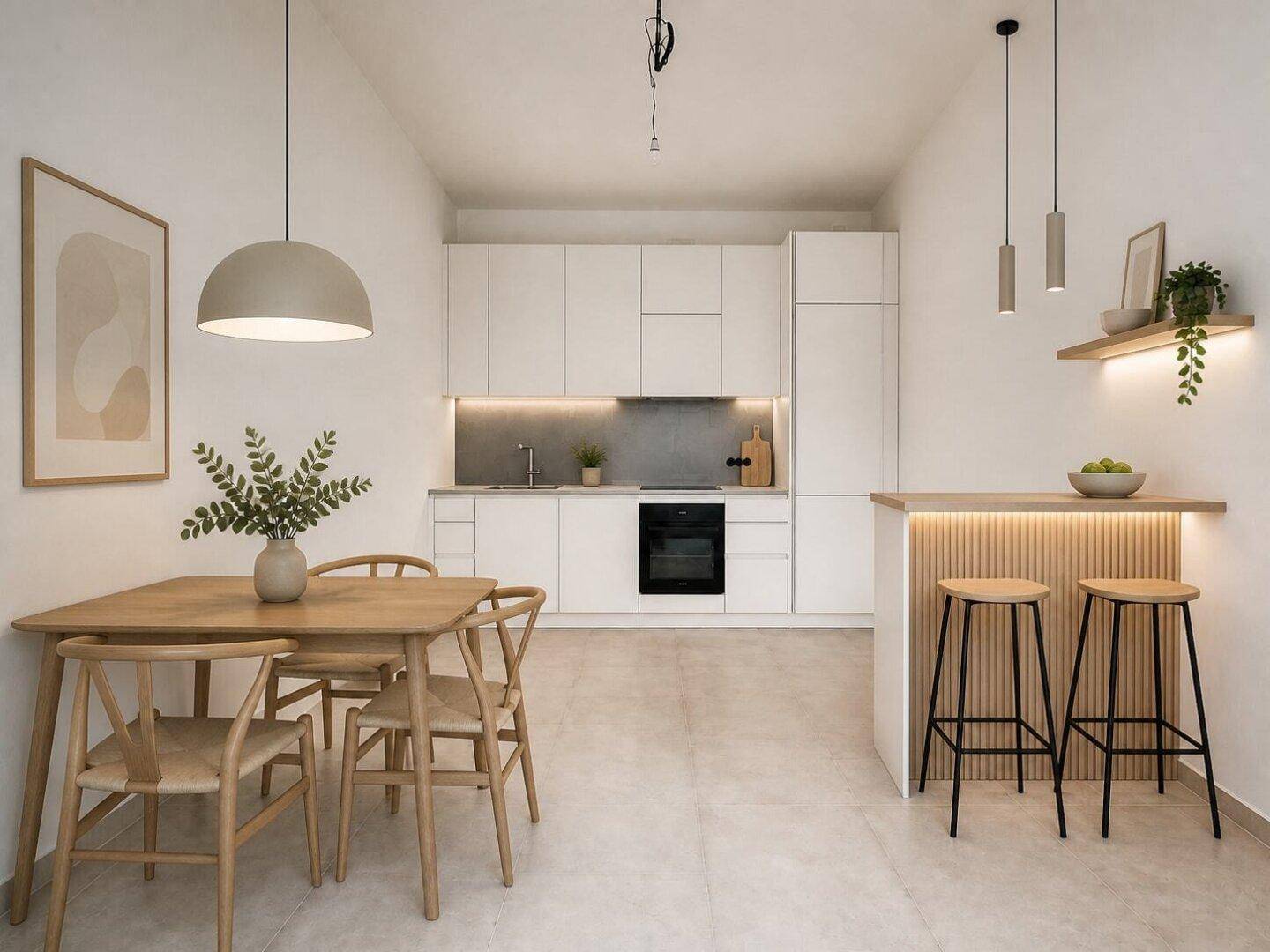 Moderne, helle Küche mit weißen Schränken, Holztisch und integrierter Frühstücksbar.