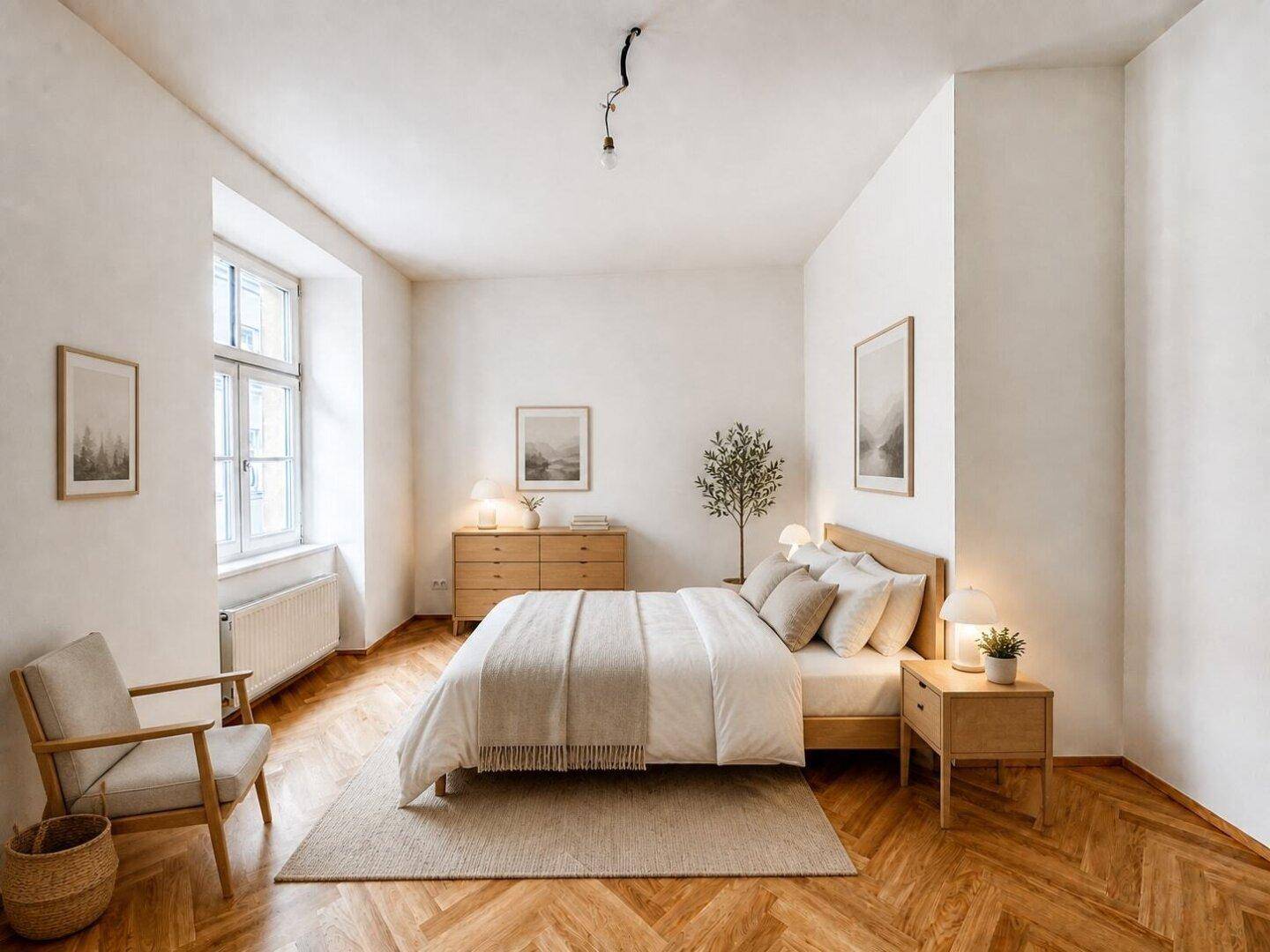 Helles Schlafzimmer mit Fischgrätparkett, großem Fenster und moderner Holzeinrichtung.