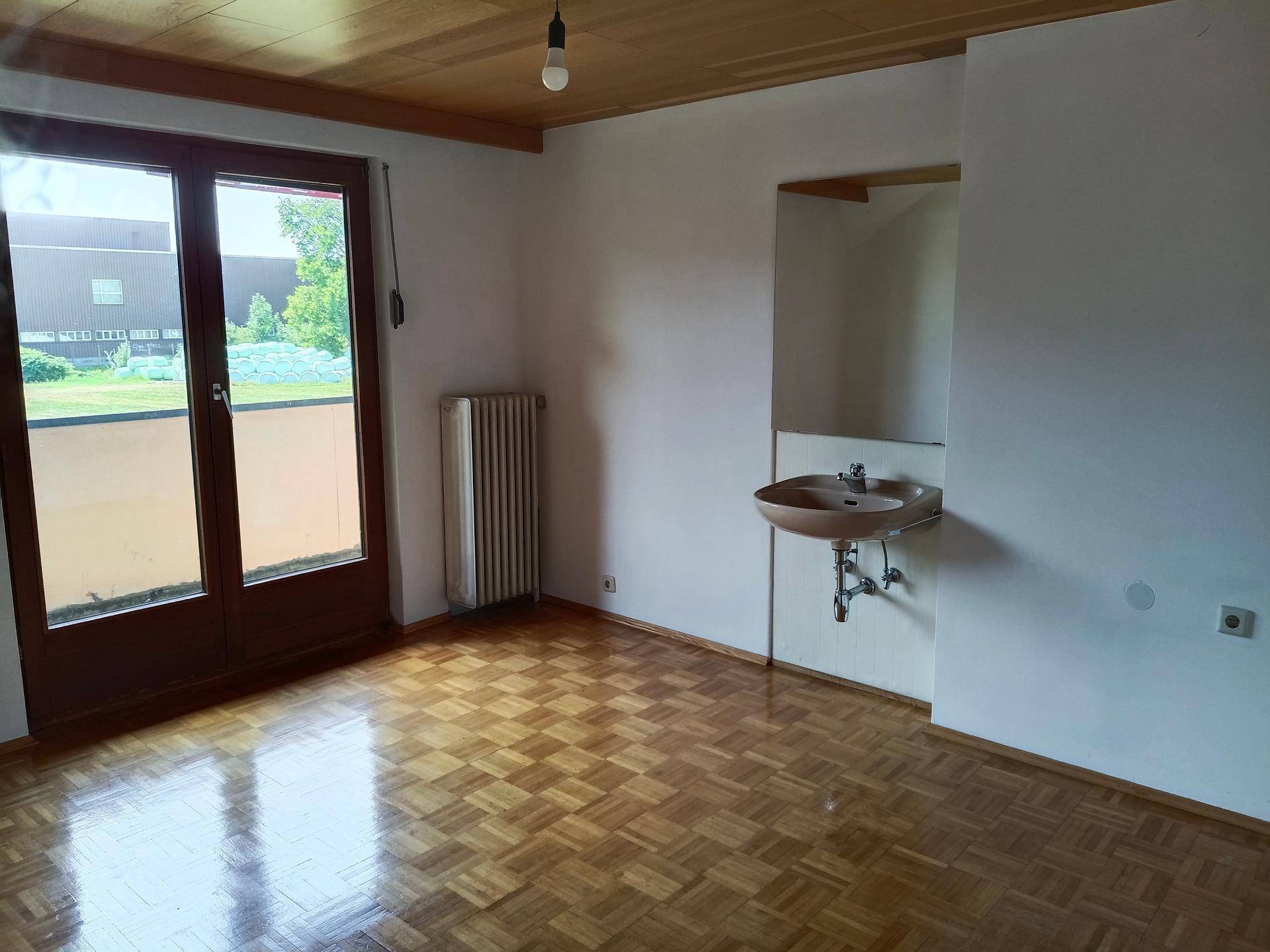Leerer Raum mit Parkettboden, Zugang zum Außenbereich und einem Waschbecken.