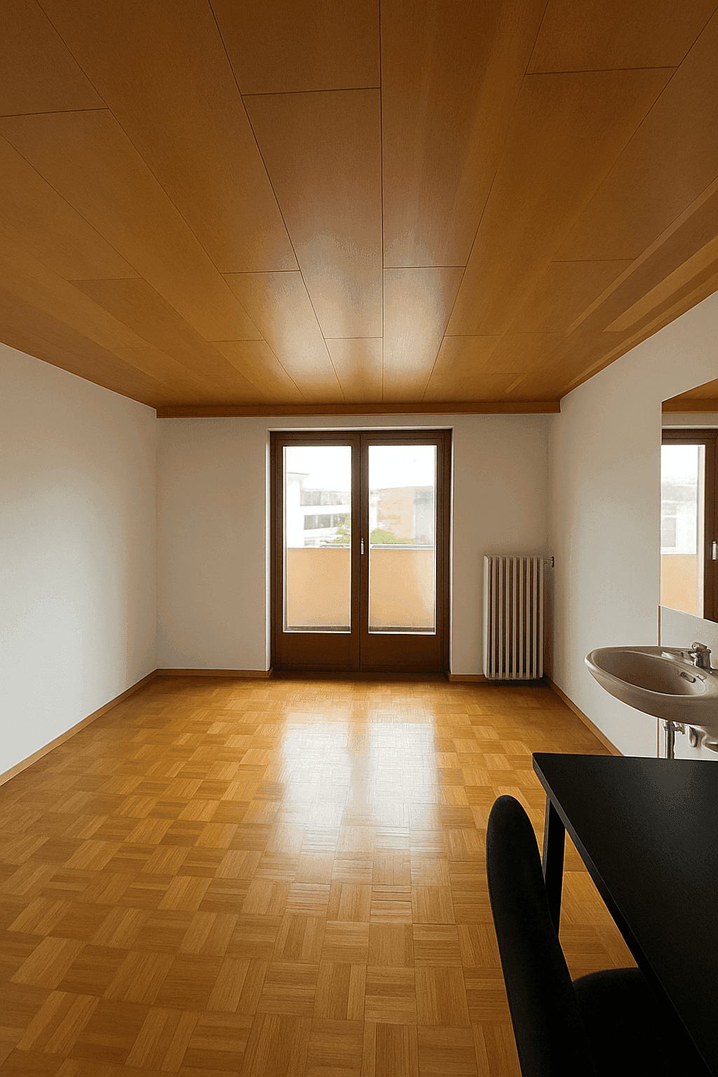 Heller Raum mit Holzdecke, Parkettboden und Zugang zu einem Balkon, mit Teilaussicht auf einen Waschtisch.