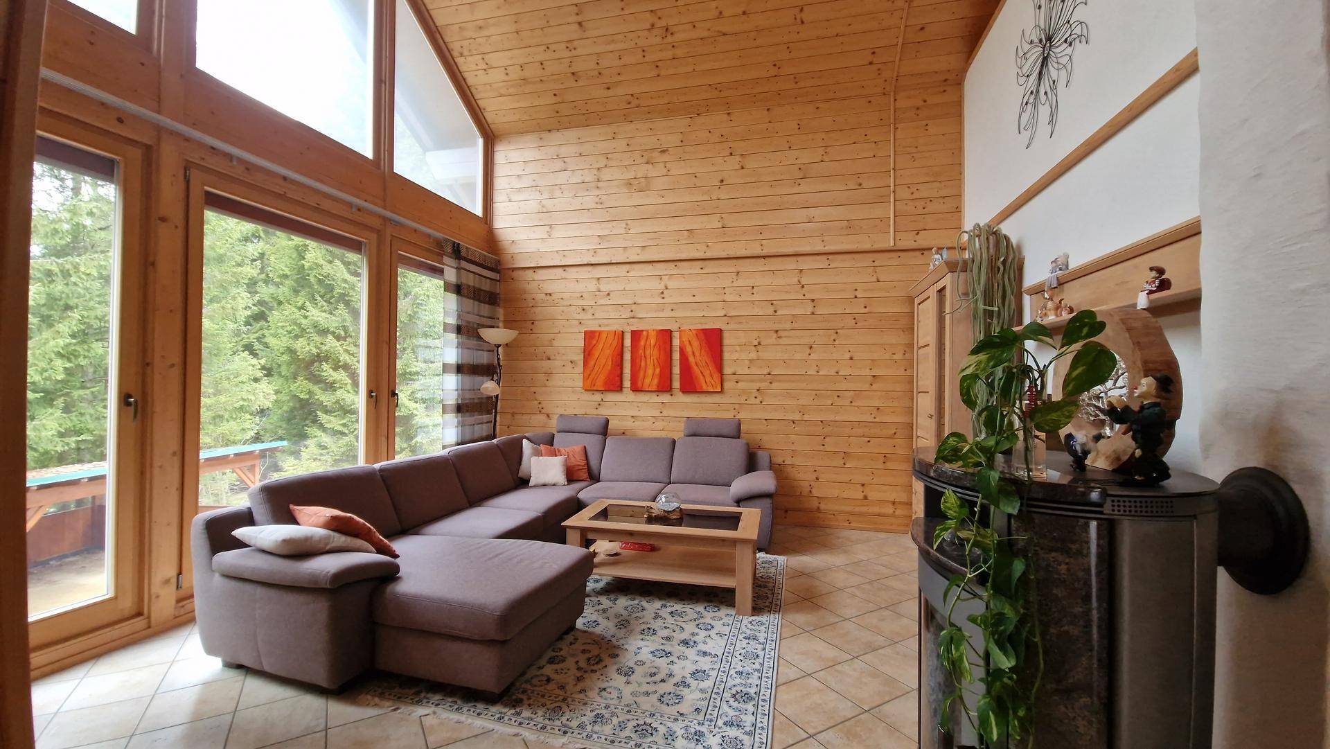 Gemütliches Wohnzimmer mit hohen Decken, großen Fenstern und einem Kaminofen, umgeben von Holzwänden.