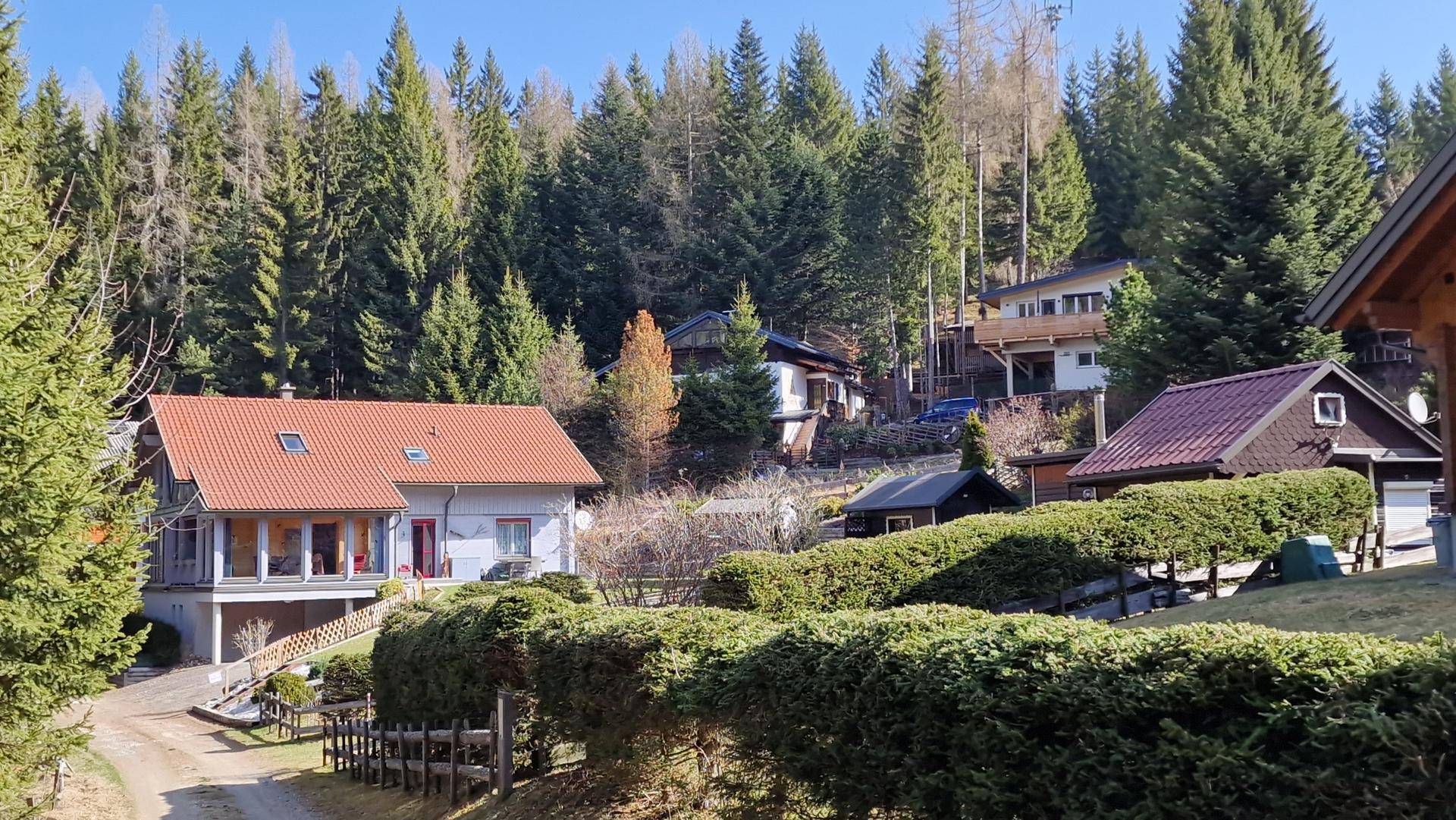 Häuser in Hanglage, umgeben von dichtem Wald und grüner Natur, mit Blick auf die Umgebung.