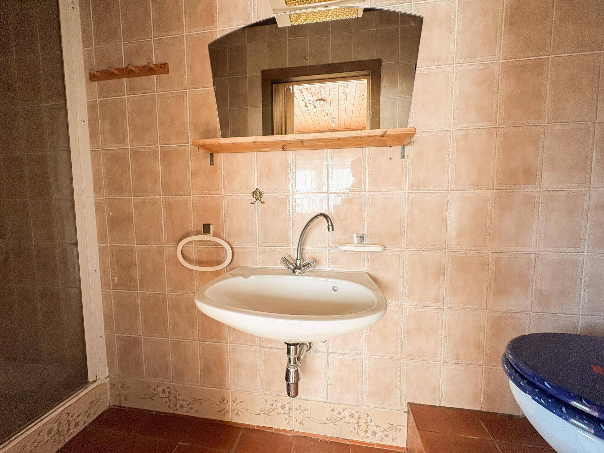 Badezimmer mit beigefarbenen Fliesen, Einzelwaschbecken und Duschbereich.