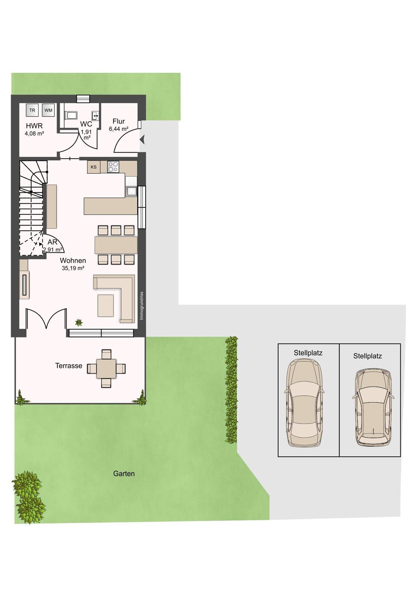 Grundriss des Erdgeschosses mit offenem Wohnbereich, Terrasse und Garten.