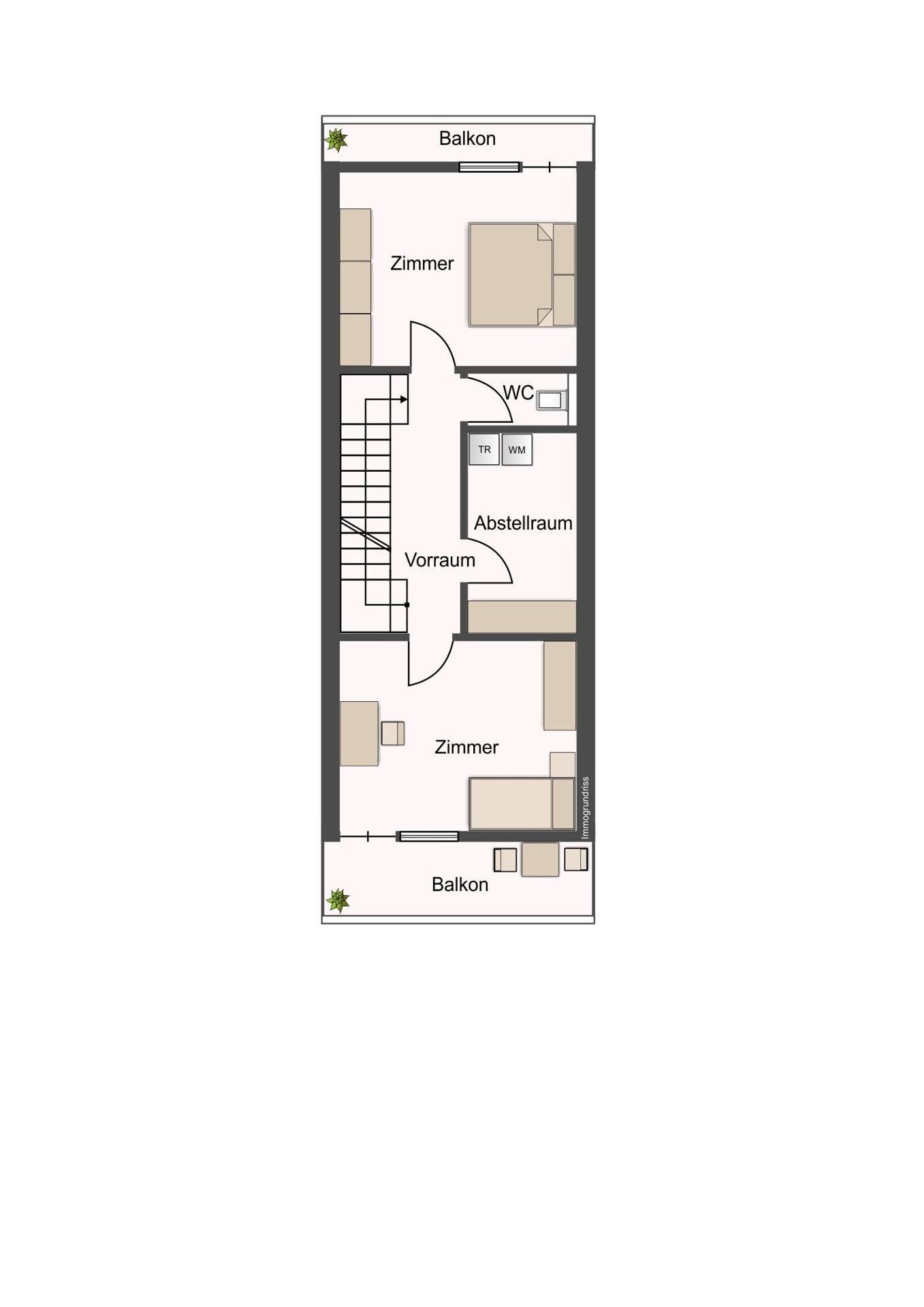 Grundriss des Obergeschosses mit zwei Zimmern, Abstellraum, WC und Balkonen.