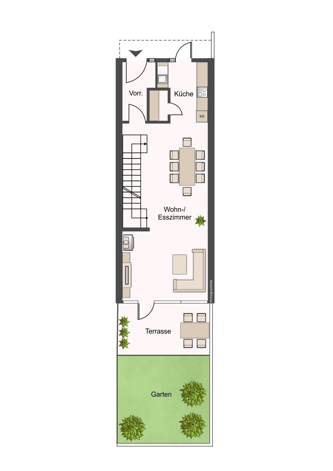 Grundriss des Erdgeschosses mit offener Küche, Wohn-Esszimmer, Terrasse und Garten.