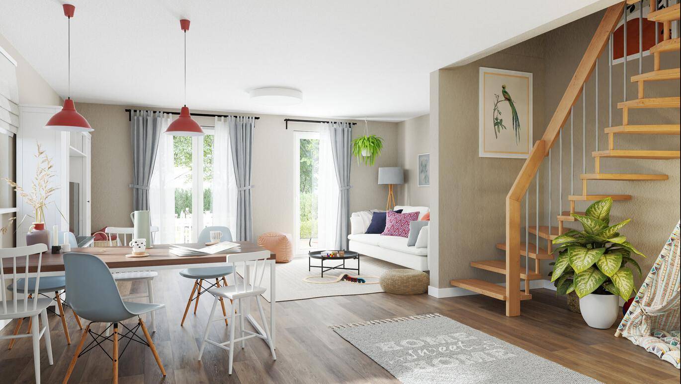 Heller, offener Wohn- und Essbereich mit Holztreppe, modernen Möbeln und großen Fenstern.