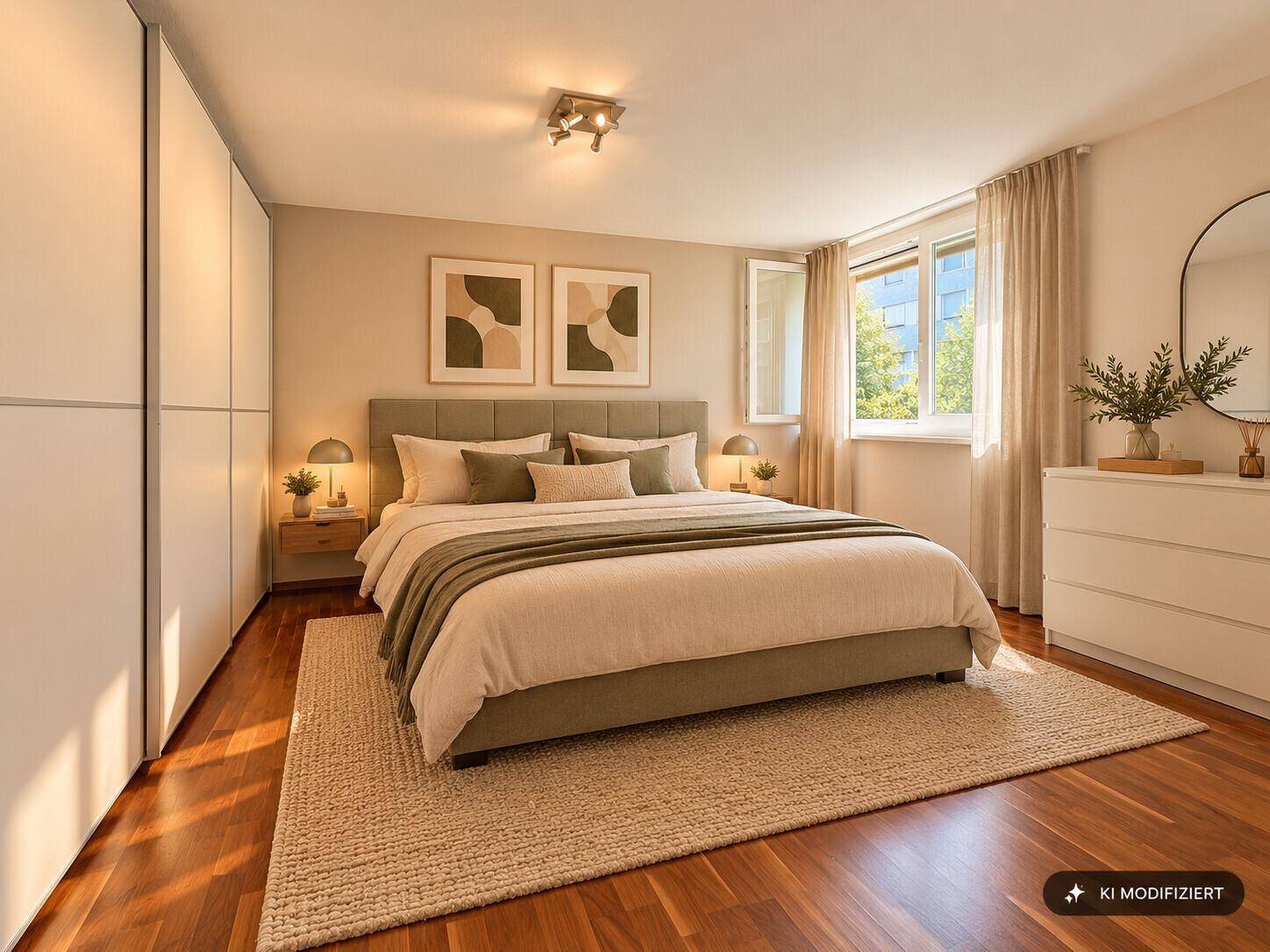 Helles Schlafzimmer mit großem Doppelbett, Nachttischen und integriertem Kleiderschrank.